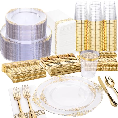 Nervure 350PCS Clear Gold Plastic Plates - Gold Plastic Dinnerware Sets for 50 Guests - 100 Disposable Plates, 150 Silverware, 50 Cups, 50 Napkins for Wedding & Party - color: Clear and Gold