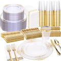 Nervure 350PCS Clear Gold Plastic Plates - Gold Plastic Dinnerware Sets for 50 Guests - 100 Disposable Plates, 150 Silverware, 50 Cups, 50 Napkins for Wedding & Party - color: Clear and Gold