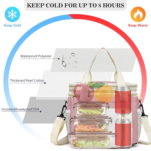 Lunch Box & Lunch Bag for Women, Large Insulated Adult Lunch Box Leakproof Lunchbox Cooler Bag for Work Picnic Beach,16L, Light Pink & White - color: Light Pink