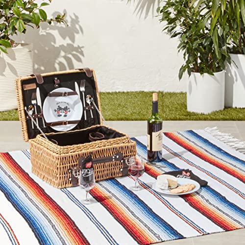 PICNIC TIME Disney Mickey and Minnie Mouse Champion Wicker Picnic Basket for 2 with Deluxe Cutlery Service Kit, Large Suitcase Style Picnic Set with Leatherette Handle (Black with Brown Accents) - color: Disney Mickey Mouse & Minnie Mouse - Black With Bro