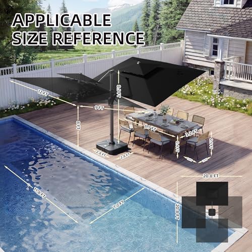 9 X 12 FT Cantilever Patio Umbrella with Led Lights and Base Included Heavy Duty Outdoor Double Top Large Rectangle Offset Umbrellas with 360-degree Rotation for Garden Pool Deck Backyard, Black - color: Black, size: 9' X 12'- Weighted Base Included(LED)