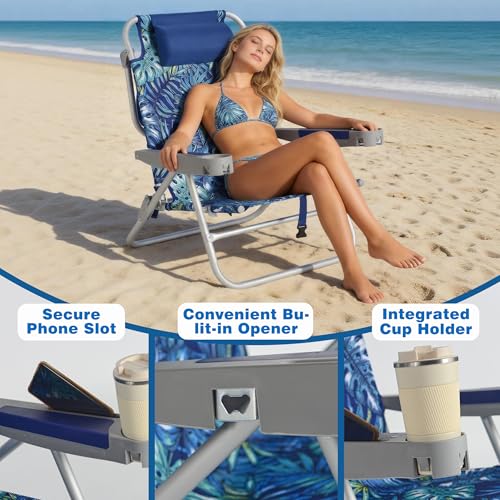 SUNNYFEEL Extra Wide Low Beach Chair 5 Position Lay Flat 500 LBS Heavy Duty, XL Oversized Portable Folding Camping Chairs with Cup Holder for Outdoor/Trip, Lightweight Backpack Beach Chair for Adults - color: Rainforest, size: 1-PACK