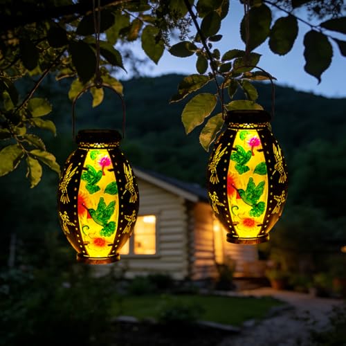STARSOUL 2 Pack Solar Lantern Outdoor Waterproof, Hanging Solar Lantern for Patio Garden Yard Decor, Hummingbird Garden Decor, Hummingbird Gift for Women - color: Hummingbird-B