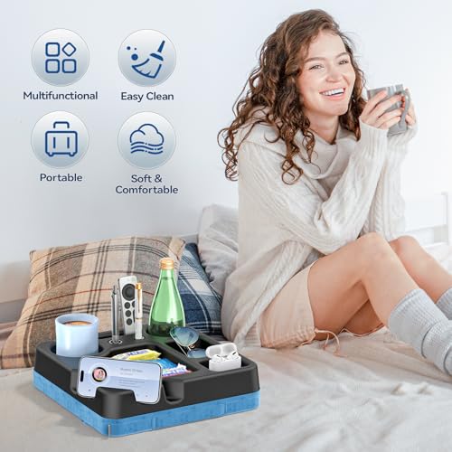 Couch Cup Holder Tray Couch Cup Holder Pillow Bed Tray Snack Sofa Bed Caddy Organizer Beach Sofa Drink Holder Anti-Spill Portable Snack Caddy Couch Remote Holder for Phone Pad Kindle Beverage Blue - color: Blue