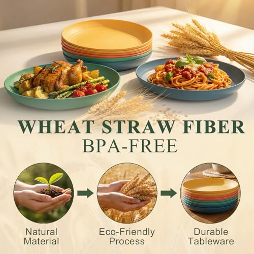 Wheat Straw Plates Set for 8, Unbreakable & Lightweight Dinner Plates 9 Inch, Plastic Plates Reusable, Microwave and Dishwasher Safe Kitchen Plate for Outdoor, Camping, Picnic- Multi - color: Multicolor, size: 9 inch