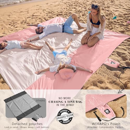 WEKAPO Beach Blanket Sandproof Waterproof, Extra Large Beach Mat, Oversized & Compact Sand Free, Quick Drying Beach Essentials for Vacation, Cruise, Picnic & Camping with Stakes - color: Pink, size: 7x7 FT (1～3 person)