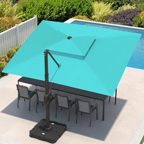 9x12 FT Cantilever Patio Umbrella with Led Lights Double Top Outdoor Rectangular Large Heavy Duty Aluminum Offset Umbrellas with 7 Level Tilt 360-degree Rotation for Pool Garden Deck, Turquoise - color: Turquoise, size: 9' X 12'-with Light