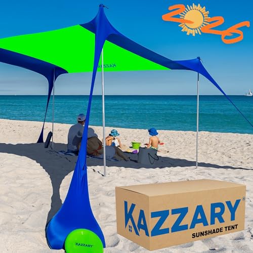 Beach Tent UPF50+ Sun Shade Canopy with Sandbags, 4 Stability Poles, Ground Pegs, Flying Disc Sand Shovel, Lightweight Sunshade Shelter, 7ft Tall for Outdoor Trips, Camping and Sports - color: Lime Green, size: L - 7.5 X 7 ft. (with 4 Poles)