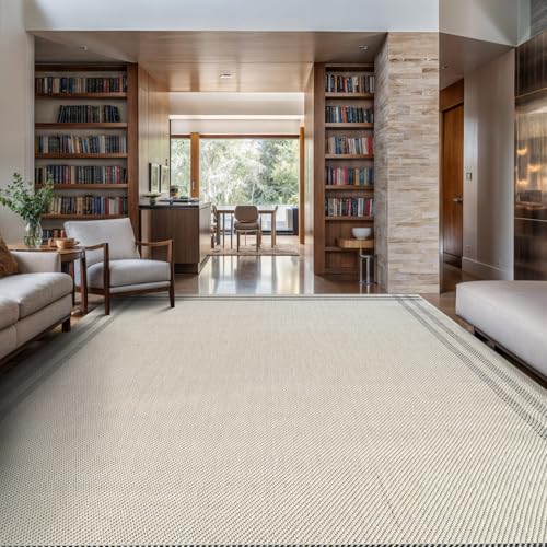 Luul Home Easy Jute Rugs 10x14 Bordered Bone Color Living Room Indoor Outdoor Area Rug for Patio and Kitchen Rug High Traffic Washable Easy to Clean Solid Boho Woven Design Outside Carpet (10 x 14) - color: Bordered/Bone Black, size: 10' x 14' (Rectangula
