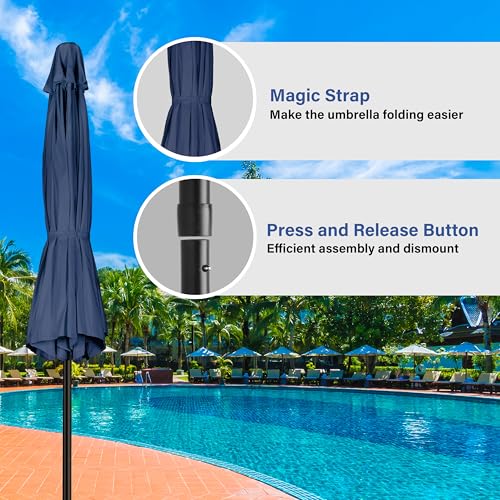 HealSmart 9ft Patio Umbrella with Push Button Tilt/Crank, Outdoor Table Market Yard Umbrella with 8 Sturdy Ribs for Garden, Backyard, Deck, Pool, Dark Blue - color: Dark Blue, size: 9FT