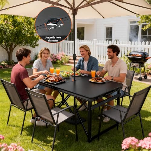 4FT x 2FT Folding Camping Table Adjustable Height with Umbrella Hole, Aluminum Alloy Legs Foldable Portable Outdoor Table for Picnic, Travel, Parties, Kids Craft, Market Vendor Use - size: 4 ft x 2 ft × 2.3 ft with Umbrella Hole H