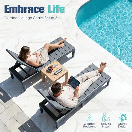 Devoko Outdoor Chaise Lounge Chair Set of 2 with 5-Position Adjustable Back, Waterproof & Lightweight PP Lounge Chairs for Outside Pool Patio (Light Grey) - color: Light Grey, size: 72 in Depth