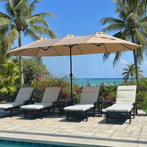 PHI VILLA 15ft Large Patio Umbrellas with Base Included, Outdoor Double-Sided Rectangle Big Market Umbrella with Stand, Outside Umbrellas for Poolside Lawn Backyard, Beige - color: Beige