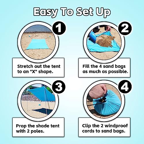EasierHike Beach Shade Tent, 7 × 7.15 Ft Portable Easy Pop Up Beach Canopy, UPF50+ Sun Protection Shelter, Windproof & Water Resistant, Stable with 4 Sandbags & Windproof Cords, Perfect for Family - color: Turquoise, size: 7x7.15 FT 2 Poles