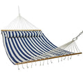 Sunnydaze Quilted Double Hammock for Outside with Spreader Bars and Pillow - 450 lb Capacity, 74x55 Inch Bed, UV Resistant, Quick Dry - Chains Included, Stand Sold Separately - Blue & White Stripe - color: Blue/White Stripe
