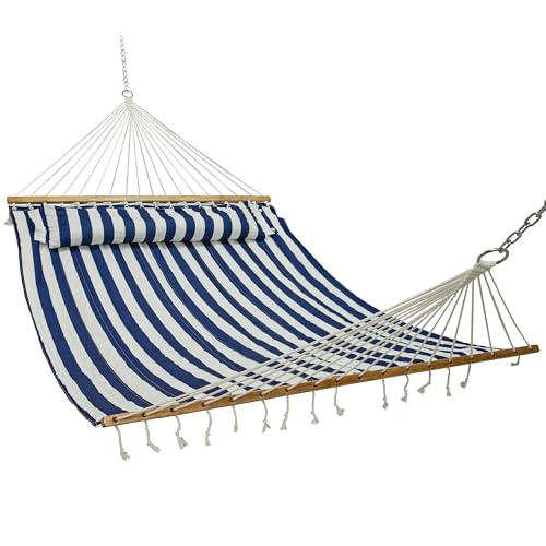 Sunnydaze Quilted Double Hammock for Outside with Spreader Bars and Pillow - 450 lb Capacity, 74x55 Inch Bed, UV Resistant, Quick Dry - Chains Included, Stand Sold Separately - Blue & White Stripe - color: Blue/White Stripe