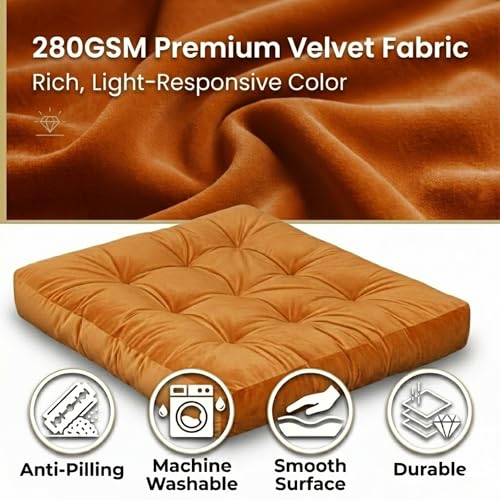 Meditation Cushion, Floor Cushion for Adults, Velvet Floor Pillow for Sitting, Tufted Seat Cushion for Yoga, Living Room, Bedroom & Reading Nook, Machine Washable, 22 x 22 Inch, Orange - color: Orange, size: 1pack