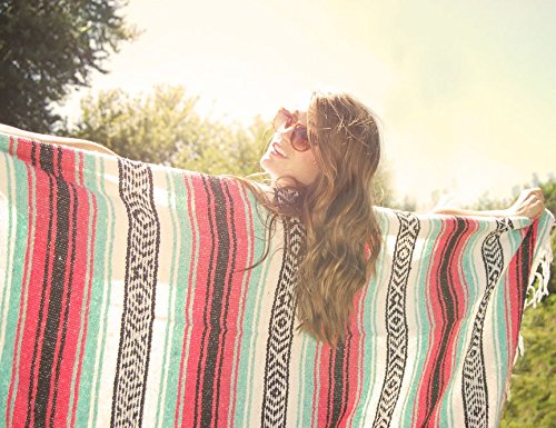 Del Mex Classic Mexican Blanket, Large Authentic Woven Falsa Throw (70"x50"), Artisan Southwest Décor for Beach, Yoga, Outdoors (Pink/Mint) - color: Pink/Mint
