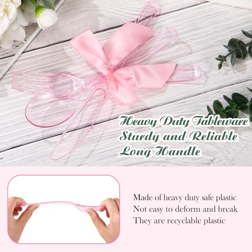 Minatee 25 Sets Pink Plastic Cutlery Set with Twist Tie Bows, Heavy Duty Tableware Disposable Pink Forks Knives and Spoons Silverware Utensils Set for Coquette Birthday Party Table Setting Picnics - color: Pink
