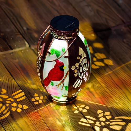 Starsoul Cardinal Outdoor Solar Lantern - Metal & Stained Glass Cardinal Solar Light, Waterproof Tabletop Lamp with Hollowed-Out Design for Yard, Patio, Garden, Pathway - color: Cardinal