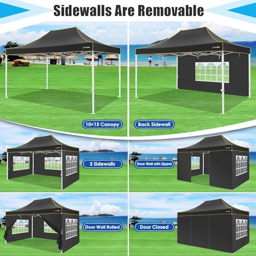 HOTEEL Canopy Tent 10x15 Heavy Duty Pop Up Canopy with Sidewalls, Party Tent with Roller Bag for Event Wedding, Upgraded Commercial Waterproof Instant Canopy, Thick Hexagonal Legs, UPF50+, Black - color: Black, size: 10x15FT (+4 Walls)