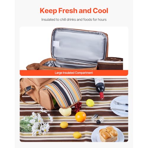 VEVOR Picnic Backpack, Beach Picnic Backpack Bag for 4 Person with Insulated Cooler Compartment, Detachable Bottle/Wine Holder, Lightweight Blanket, Plates and Cutlery Set for Hiking & Camping, Brown - size: double layer for 4 & browne