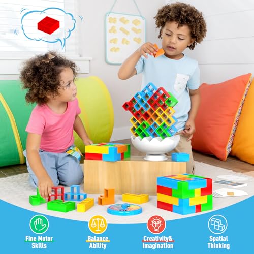 BBnote 70PCS Stack Game for Adult & Kids, 3D Tetra Board Tower Games for Family Travel Party, 2 Players Balance Stacking Toy, Team Toys Building Block - size: 70PCS - New Edition Base