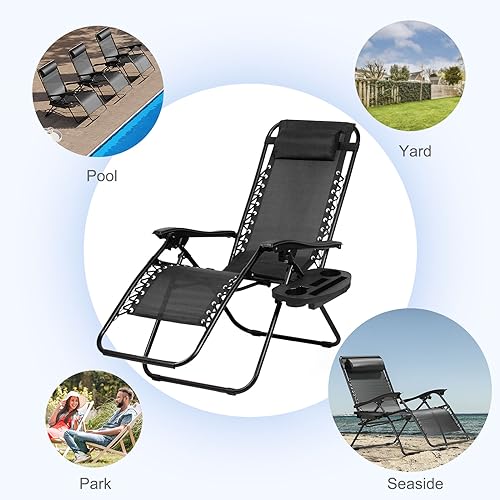Nazhura Set of 2 Relaxing Recliners Patio Chairs Adjustable Steel Mesh Zero Gravity Lounge Chair Beach Chairs with Pillow and Cup Holder Black - color: Black