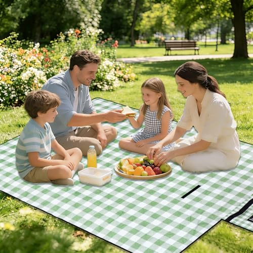 Large Cute Gingham Picnic Blanket Outdoor Camping Picnic Mat Foldable Waterproof Sand Proof Beach Blanket 77"X58" Portable Rug for Picnics Beach Lawn Grass Hiking Concerts Tent Play Mat, Green & White - color: Green & White Gingham