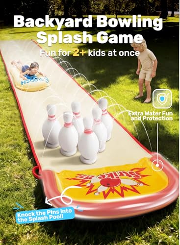 Sloosh 20FT Lawn Water Slide Bowling Game Set,Water Slides and 2 Bodyboards Summer Slip Waterslide Toy with Build in Sprinkler for Backyard Outdoor Fun for Kids