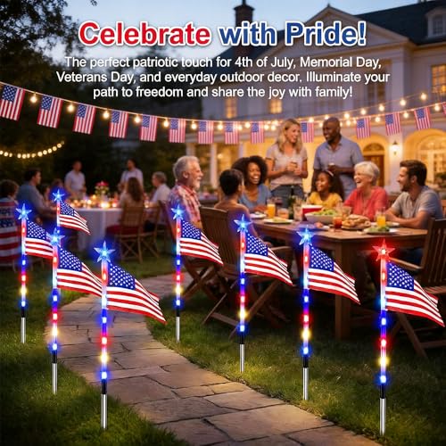 8 Piece Solar American Flag Pathway Lights, US Solar Flag Lights with 8 Lighting Modes, Patriotic Red White Blue Waterproof LED Outdoor Yard Garden Decorations for 4th of July (A) - color: A