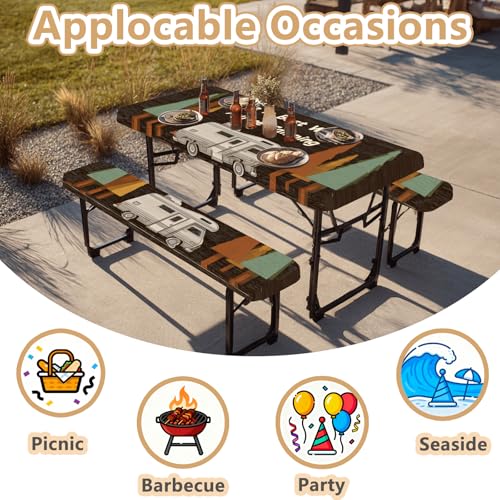 Picnic Table Cover with Bench Covers Elastic Edges, Outdoor Patio Camping Essentials 72 Inch 3PCS, Waterproof Camping Fitted Tablecloth with Handbags (Life is Best When You're Camping) - color: Wooden Camping Trailer