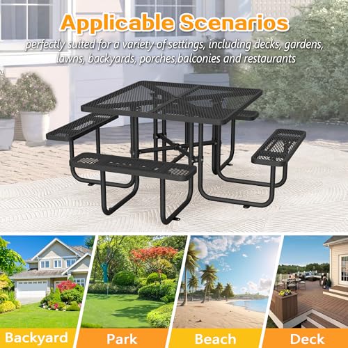 46" Square Metal Picnic Tables for Outdoors with Umbrella Hole - Coated Steel Heavy Duty Commercial Grade Table with Seats, Patio Furniture Set for a Lifetime, Black - color: Black-square