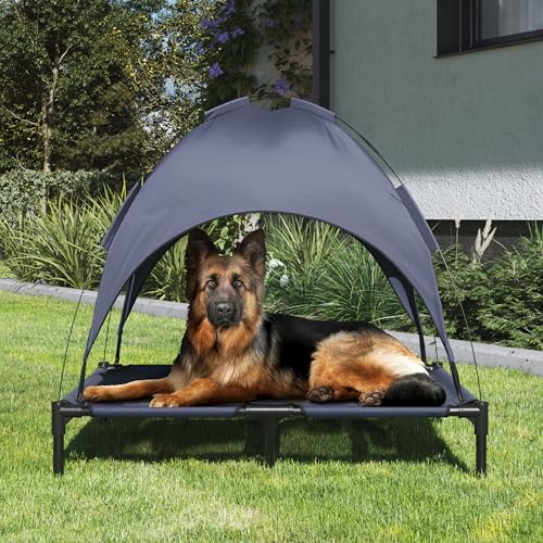 Elevated Dog Bed with Canopy - 36x30-Inch Portable Pet Bed with Non-Slip Feet - Indoor/Outdoor Dog Cot with Carrying Case by PETMAKER (Blue)