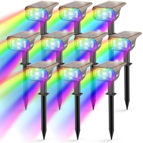 LEREKAM Solar Spot Lights Outdoor Color Changing, IP65 Garden Lights Solar Powered Waterproof with 9 Light Modes, Colored Landscape Lighting Auto On/Off, for Garden Pool Area Pond Yard, 10 Pack - color: Multicolor, size: 10 Pack