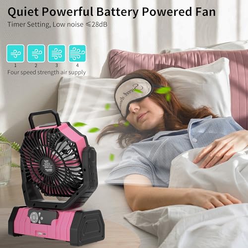 20000mAh Camping Fan Battery Operated Fans Portable,Portable Rechargeable Battery Powered Fan with LED Light,360°Oscillating & 8H Timer Camping Essentials Fans with Hook pink fan - color: Pink
