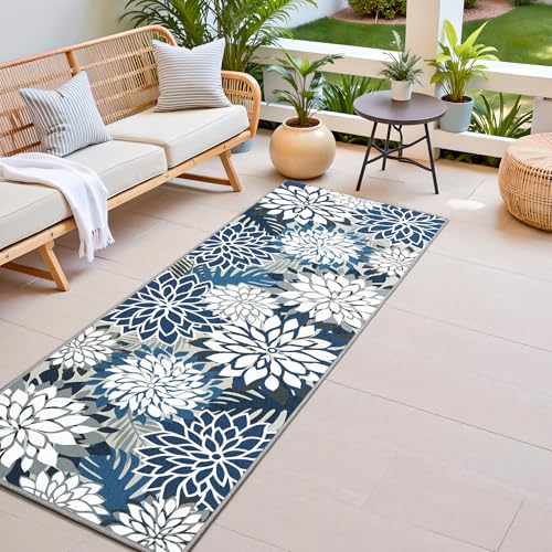 2x6 Washable Runner Rug for Hallway Tropical Botanical Modern Floral Chenille Kitchen Rugs Low Pile Non Slip Carpet for Patio, Bedroom, Laundry, Blue - color: Blue White, size: 2' x 6' (Rectangular)