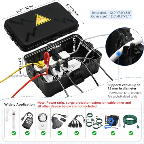 Hrensaw Large Outdoor Electrical Box Waterproof(12.5x8.5x5inch),IP54 Waterproof Outdoor Outlet Covers,Weatherproof Extension Cord Covers Protect Outlet,Plug,Timer,Power Strip,Holiday Light,Black - color: Black, size: Large