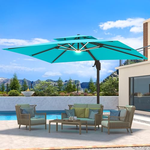 10 X 13 FT Cantilever Patio Umbrella with LED Lights Outdoor Heavy Duty Double Top Windproof Rectangle Offset Umbrellas with 360-degree Rotation for Pool Deck Backyard, Turquoise - color: Turquoise, size: 10' X13'-Weighted Base Not Included