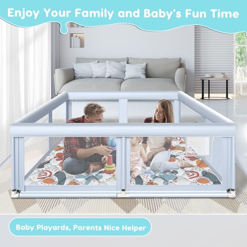 Fshibila 65" ×50" Large Baby Playpen with Mat, Baby Playard for Babies and Toddlers, Play Pens for Indoor & Outdoor, Sturdy Safety Play Yard with Soft Breathable Mesh, Anti-Fall, Grey - color: Grey, size: 65 x 50 IN+MAT