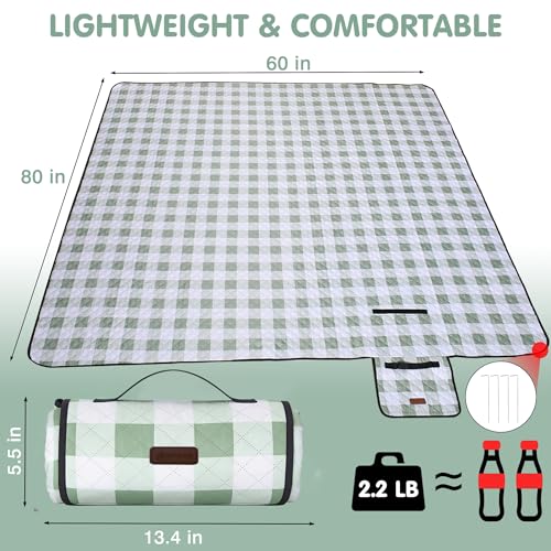 HX&OD Outdoor Picnic Blanket, Extra Large, 80''x60'' Waterproof Foldable Blankets Gingham Picnic Mat for Beach, Camping Grass Lawn Park Accessories Cute Couple Ideas Wedding (Green, 80”x60”) - color: Green, size: 5' x 6'8" (Square)