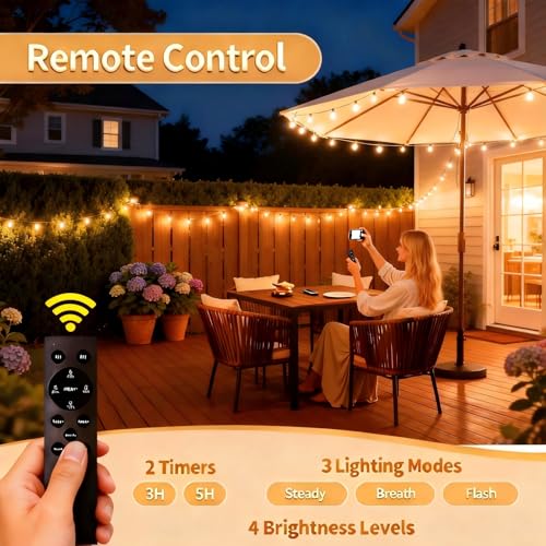 SANBEN Solar String Lights Outdoor with Remote, 50ft 25 Bulbs Solar Powered Patio Lights Waterproof, Dimmable & Timer, G40 LED Solar Lights for Camping Deck Backyard Garden Fence - size: 50ft-G40
