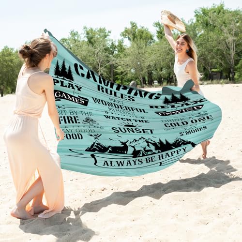 Rustic Camping Rules Pocket Picnic Blankets, Camp Mini Beach Camping Blanket Waterproof Sandproof, Blue RV Decorative Outdoor Blanket Mat Gifts for Camper Campsite Travel Hiking 55x60in - color: Rules