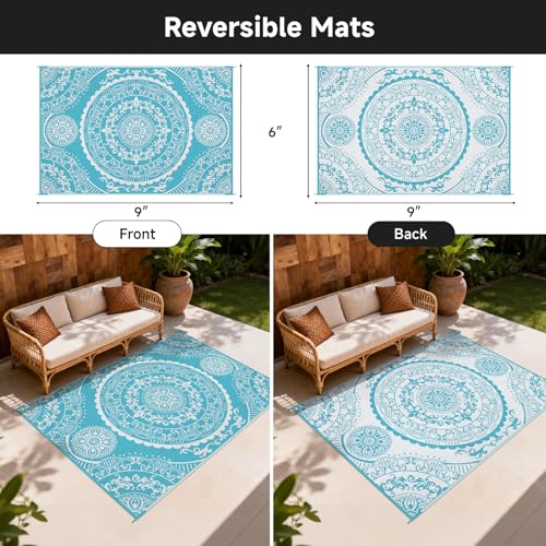 Pauwer Waterproof Outdoor Rug 6x9, Reversible Plastic Straw Patio Camping Rug, Indoor Outdoor RV Mat Carpet for Deck, Camper, Porch, Balcony, Backyard, Picnic, Paisley Teal - color: Paisley Teal, size: 6' x 9' (Rectangular)