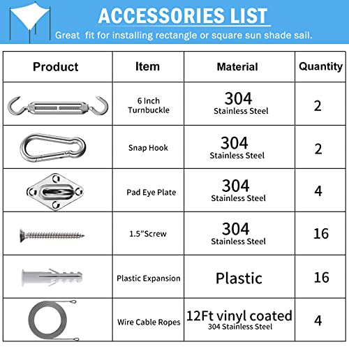 44 Pcs Shade Sail Hardware Kit with 304 Stainless Steel Wire for Rectangle Square Shade Sail Installation,6 inch Sun Shade Sail Hardware for Garden,Outdoors,DIY Crafts - size: 44 Pcs Hardware Kits+Cables for Rectangle