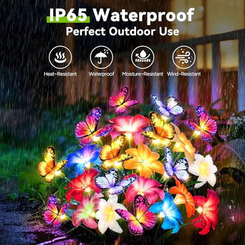 Ahaorigin Solar Garden Lights Outdoor, 4 Pack Blooming Lily Solar Flowers with Butterfly Outdoor Waterproof, 7 Color Changing Bigger Flower Lights for Yard Patio Decor, Gift for Mom - size: Lilies Flowers - 4pc-B
