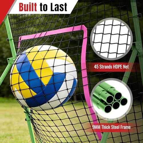 Suteck 7x4ft Volleyball Rebounder Net 2-Net System, 5-Angle Adjustable & Ultra-Durable Trainer for Spike, Serve, Passing & Solo Practice, Includes Storage Bag for Easy Travel & Portability - color: Green