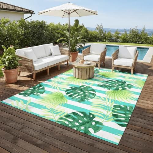 Waterproof 5x8 Outdoor Patio Rug Boho Tropical Palm Monstera Stripe Style Washable Outside Area Rugs for Porch Deck Garden Balcony Foldable RV Camping Picnic Outdoor Carpet Emerald Green - color: B, size: 5x8