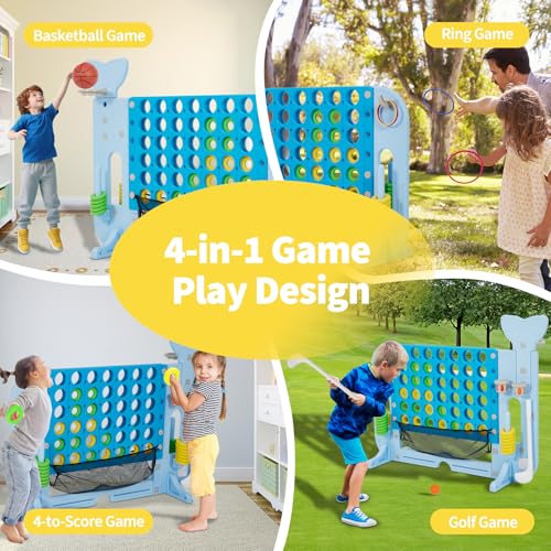 Jumbo 4-to-Score Connect Outdoor Game, 4-Levels Height Adjustable Giant 4-in-a-Row Yard Games with Mesh Net, 4-in-1 Play Design w/Golf, Basketball & Ring Toss for Kids & Adults, Patent Authorized