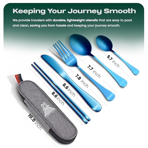 Taplord Portable Travel Silverware Set With Case, Includes 5 Pcs of Travel Utensils With Case, Stainless Steel Flatware Set For Camping, Easy to Travel, Lightweight (Blue) - color: Blue, size: 5 Pieces
